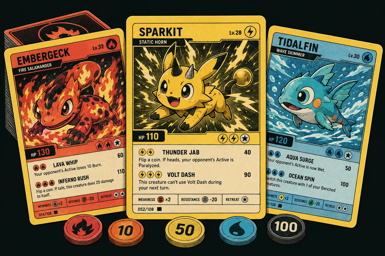 Illustrated collectible battle cards featuring fire, electric, and water creatures